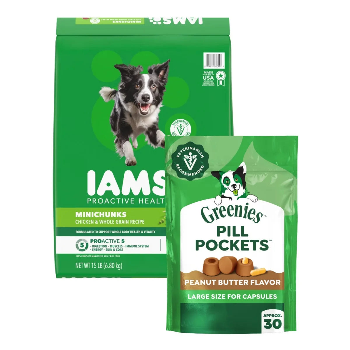 IAMS 15lbs Chicken Whole Grain Flavor Minichunks Dry Dog Food + Greenies 7.9oz Peanut Butter Capsule Size Chewy Dog Treats